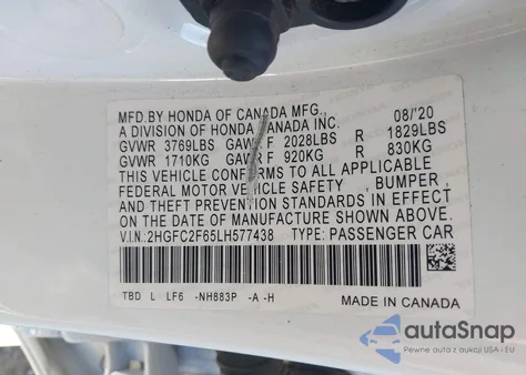 2020 Honda Civic Lx from USA, damaged, VIN 2HGFC2F65LH577438